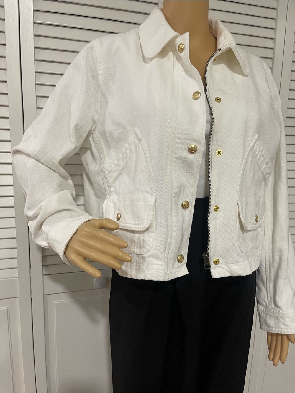 J. Crew White Cotton Button-Front Jean Jacket with Gold Buttons
